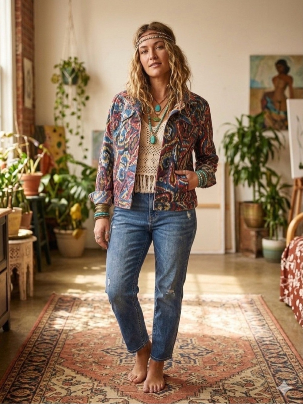 Ruby Rd Vintage Paisley Stretch Jacket Multicolor Button Front Boho Petite 14P